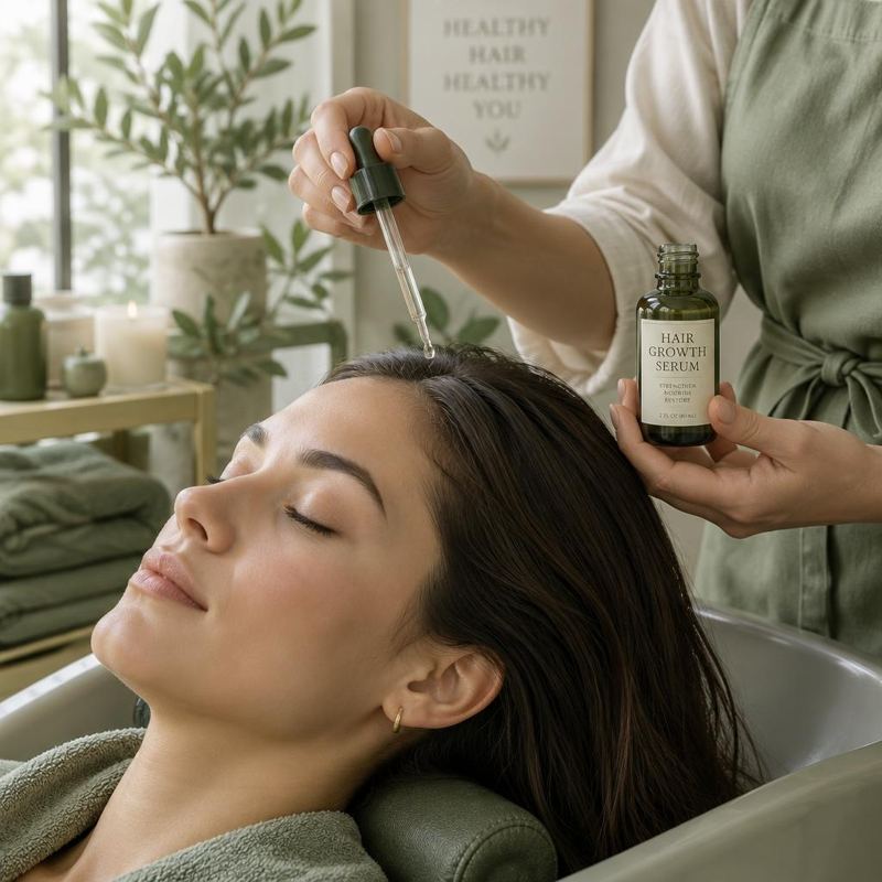 Hair growth serum applied with a dropper at the salon