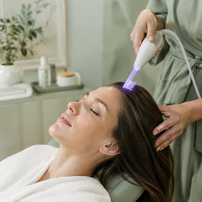 High-frequency scalp wand treatment at the salon