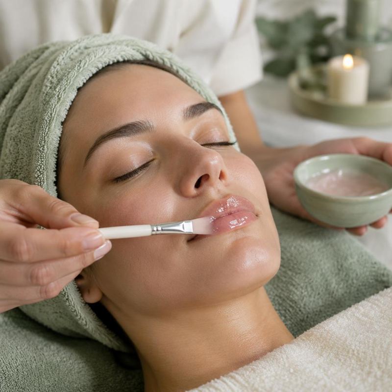 Hydrating lip mask being applied at the spa