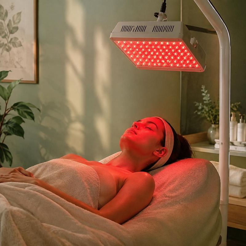 Client relaxing under a red light therapy panel