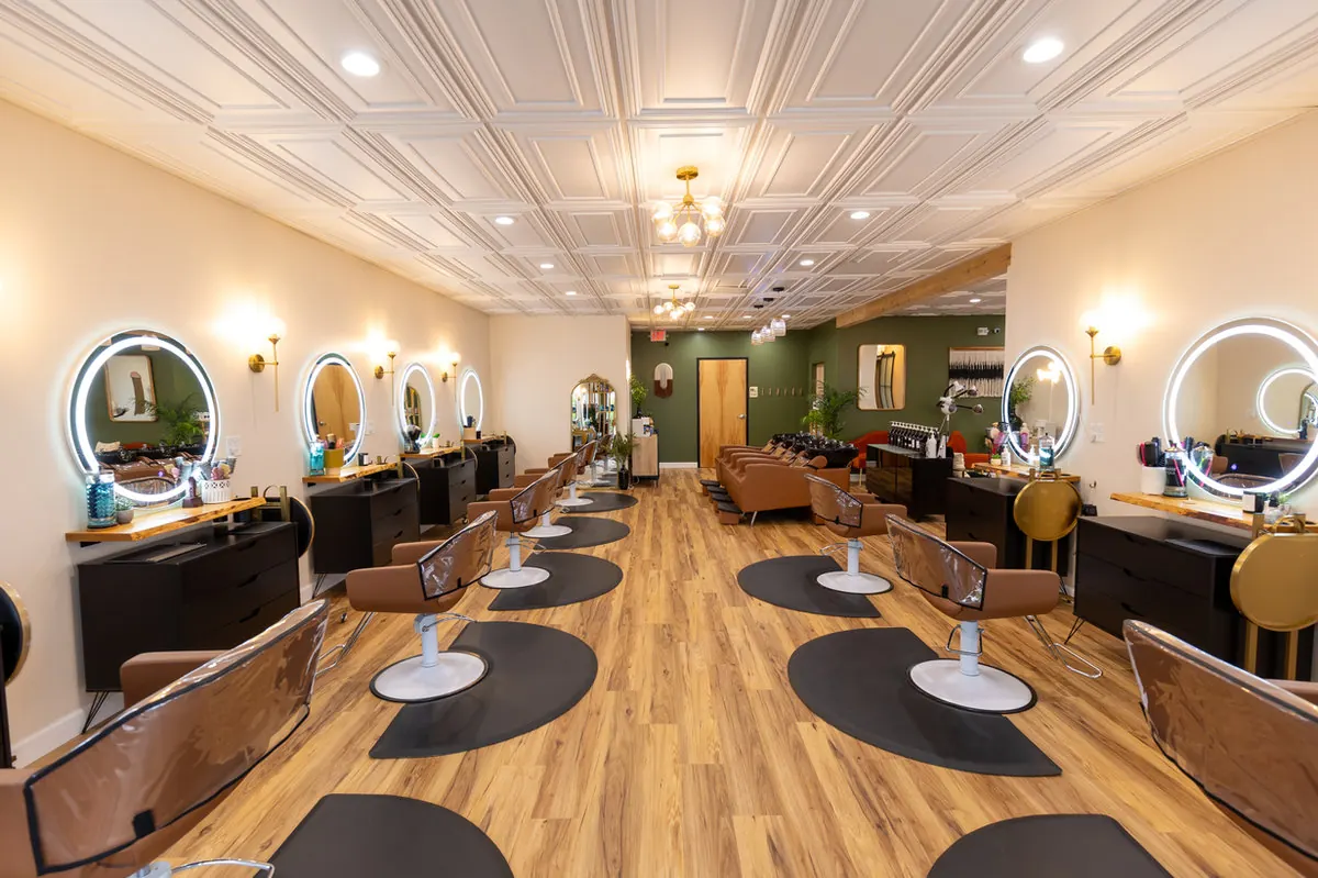 Wide view of the Solace Salon styling floor